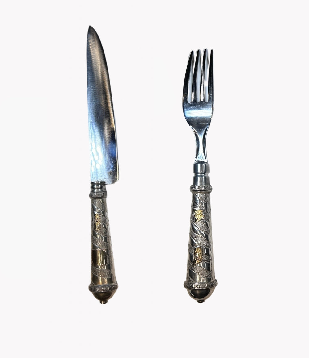 Conjunto de cuchillo y tenedor criollo de plata y oro| Hoja Franz wenk solingen