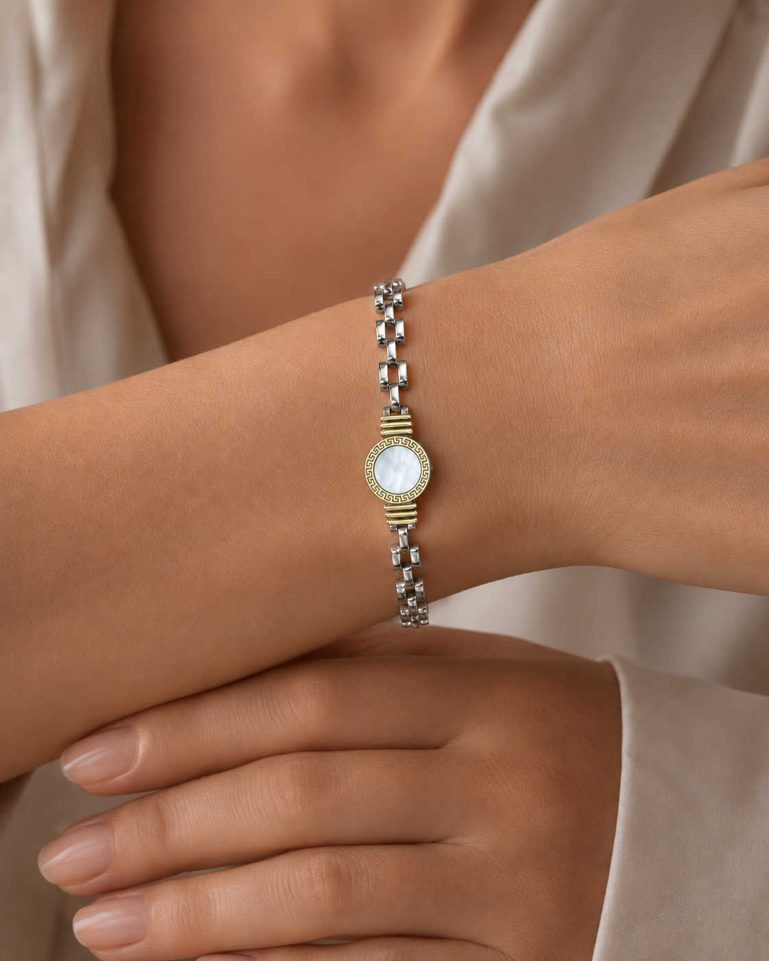 Pulsera de Plata y Oro | Guarda griega nacar