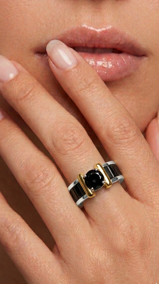Anillo De Plata Y Oro | Circonia Negra