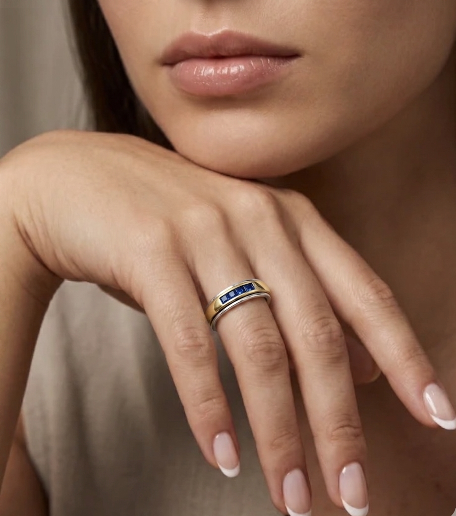 Anillo De Plata Y Oro | Circonias Azules