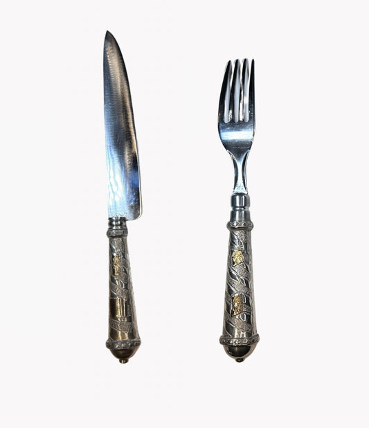 Conjunto de cuchillo y tenedor criollo de plata y oro| Hoja Franz wenk solingen