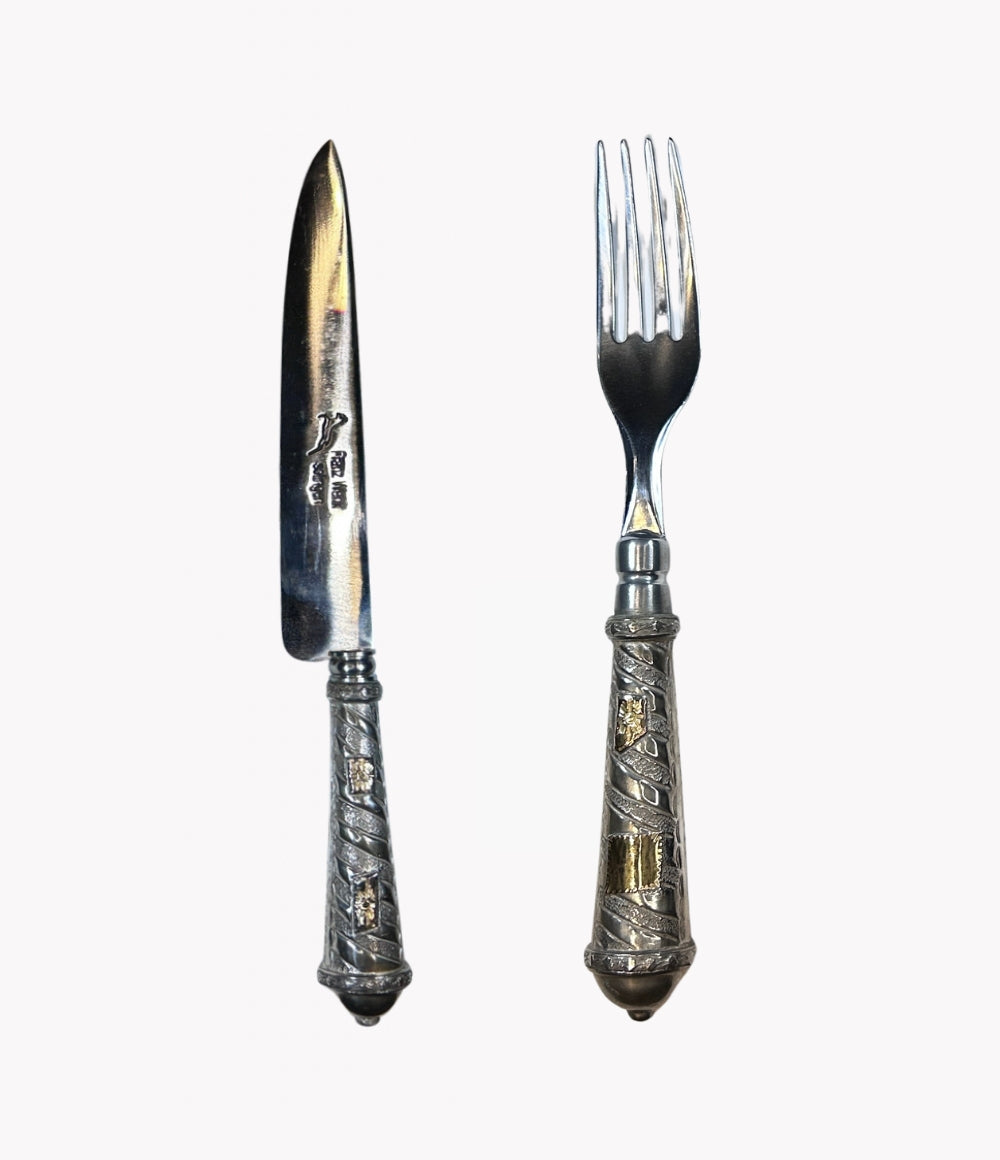 Conjunto de cuchillo y tenedor criollo de plata y oro| Hoja Franz wenk solingen