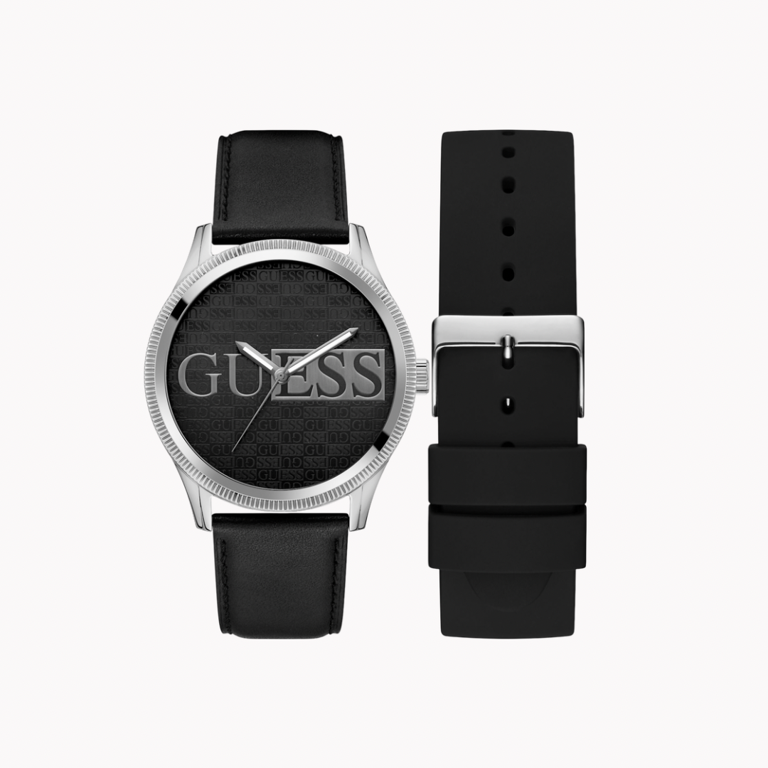 Reloj GUESS | Full Black | Correa de cuero | Correa de goma de regalo