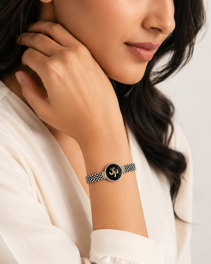Pulsera de Plata y Oro | Ónix Con Flor De Lis