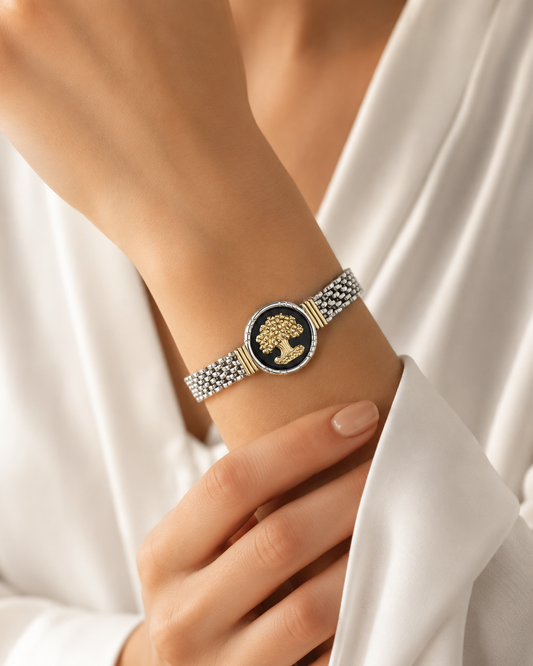 Pulsera de Plata y Oro | Ónix Con Árbol De La Vida