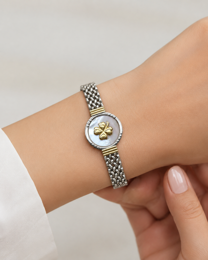 Pulsera de Plata y Oro | Trébol de la suerte y Nácar