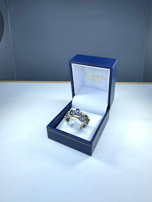 Anillo de Plata y Oro | Piedra Roca color Amatista