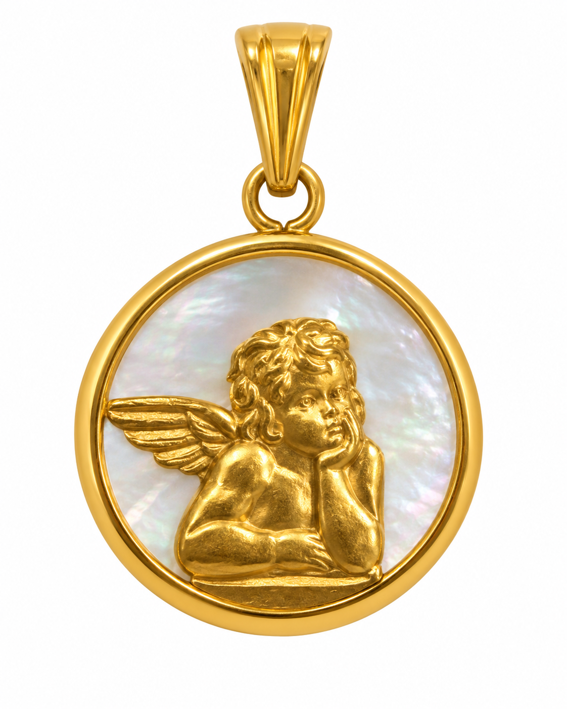 Dije Angelito oro 18 kilates y Nácar | 13 mm